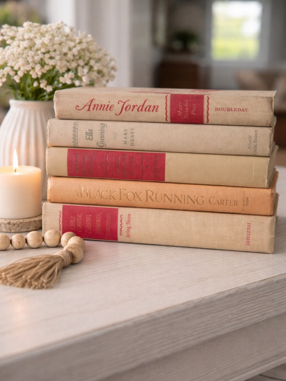 Vintage Neutral Book Stack | Cream & Red Decor | Coffee Table Styling